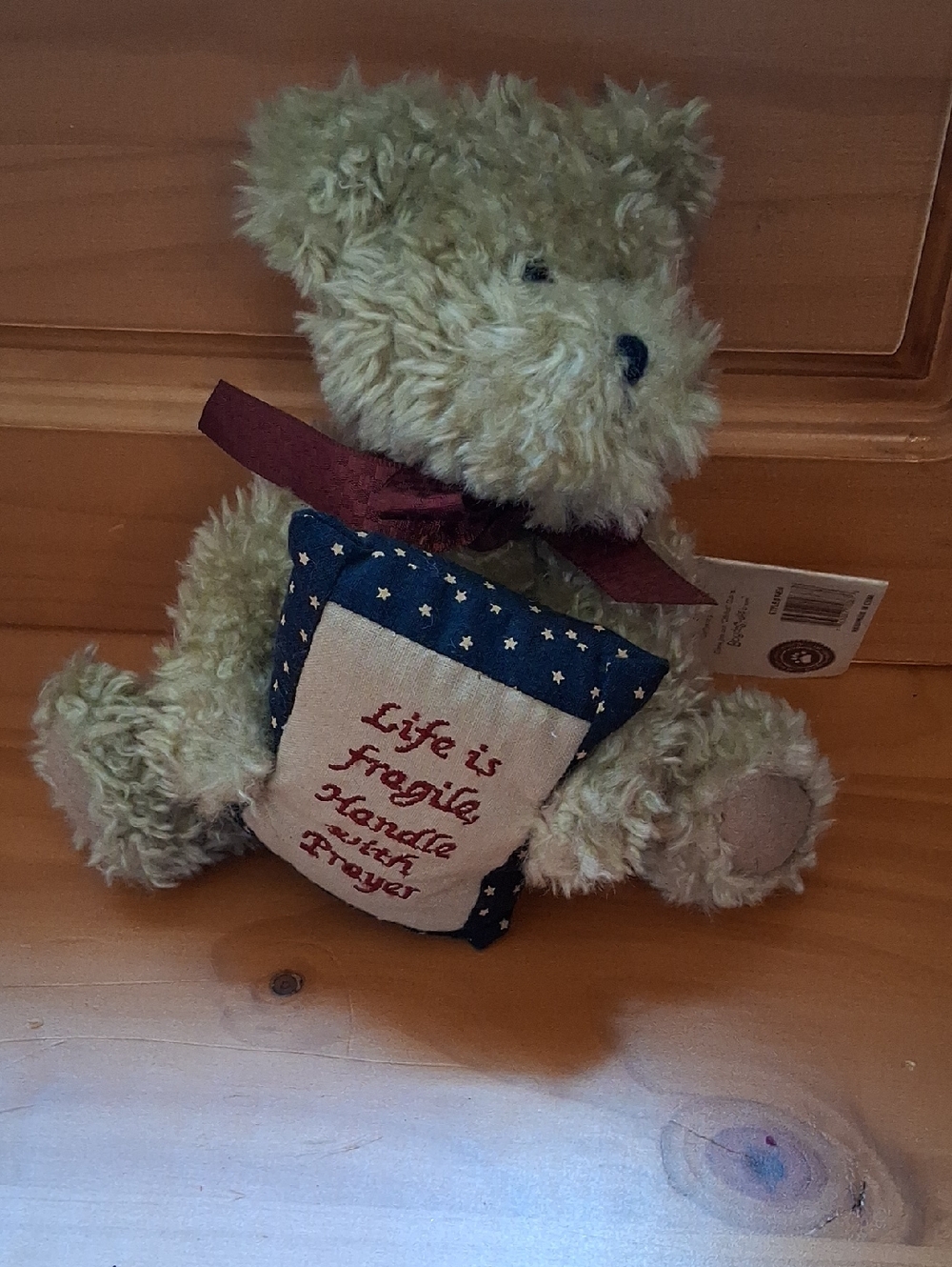 Boyds Bears Tan Plush Bear with Navy Star Pillow and Burgundy Bow